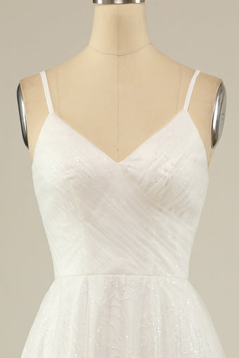 A Line Spaghetti Straps White Tulle Wedding Dress