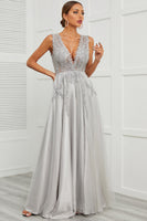 Load image into Gallery viewer, Deep V Neck Grey Long Formal Dress with Appliques