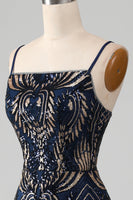 Load image into Gallery viewer, Sparkly Navy Spaghetti Straps Mermaid Formal Dress