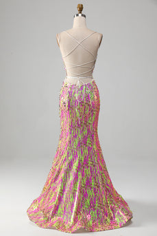 Hot Pink Sparkly Mermaid Formal Dress with Slit