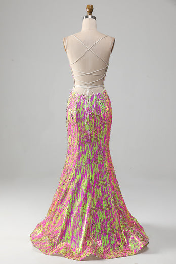 Hot Pink Sparkly Mermaid Formal Dress with Slit