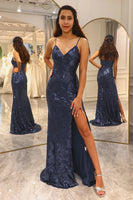 Load image into Gallery viewer, Sparkly Dark Navy Mermaid Long Sequined Formal Dress With Slit