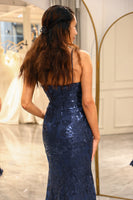 Load image into Gallery viewer, Sparkly Dark Navy Mermaid Long Sequined Formal Dress With Slit