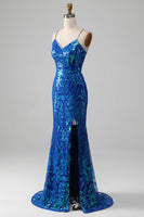 Load image into Gallery viewer, Royal Blue Mermaid Sparkly Formal Dress with Slit