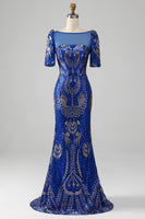 Load image into Gallery viewer, Mermaid Royal Blue Sparkly Formal Dress with Short Sleeves
