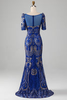 Load image into Gallery viewer, Mermaid Royal Blue Sparkly Formal Dress with Short Sleeves