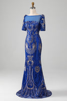 Load image into Gallery viewer, Mermaid Royal Blue Sparkly Formal Dress with Short Sleeves