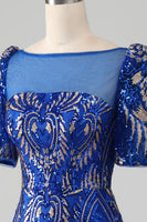 Load image into Gallery viewer, Mermaid Royal Blue Sparkly Formal Dress with Short Sleeves