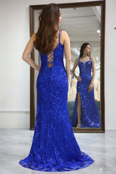 Glitter Royal Blue Mermaid Long Formal Dress With Slit