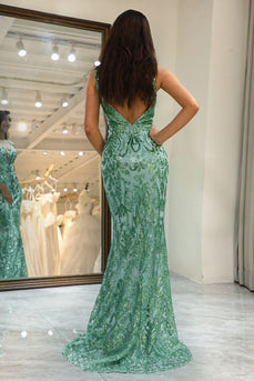 Glitter Green Mermaid Long Appliqued Formal Dress