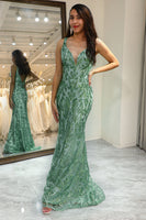 Load image into Gallery viewer, Sparkly Green Mermaid Long Sequined Formal Dress With Appliques