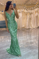 Load image into Gallery viewer, Glitter Green Mermaid Long Appliqued Formal Dress