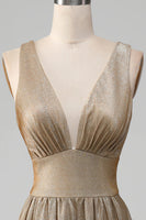 Load image into Gallery viewer, Glitter V-Neck Golden Formal Dress with Slit
