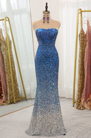 Load image into Gallery viewer, Sparkly Blue Sequined Mermaid Strapless Long Formal Dress