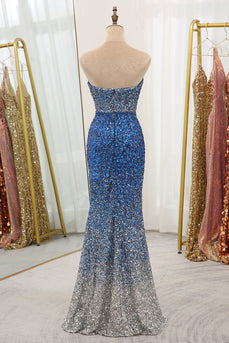 Sparkly Blue Sequined Mermaid Strapless Long Formal Dress