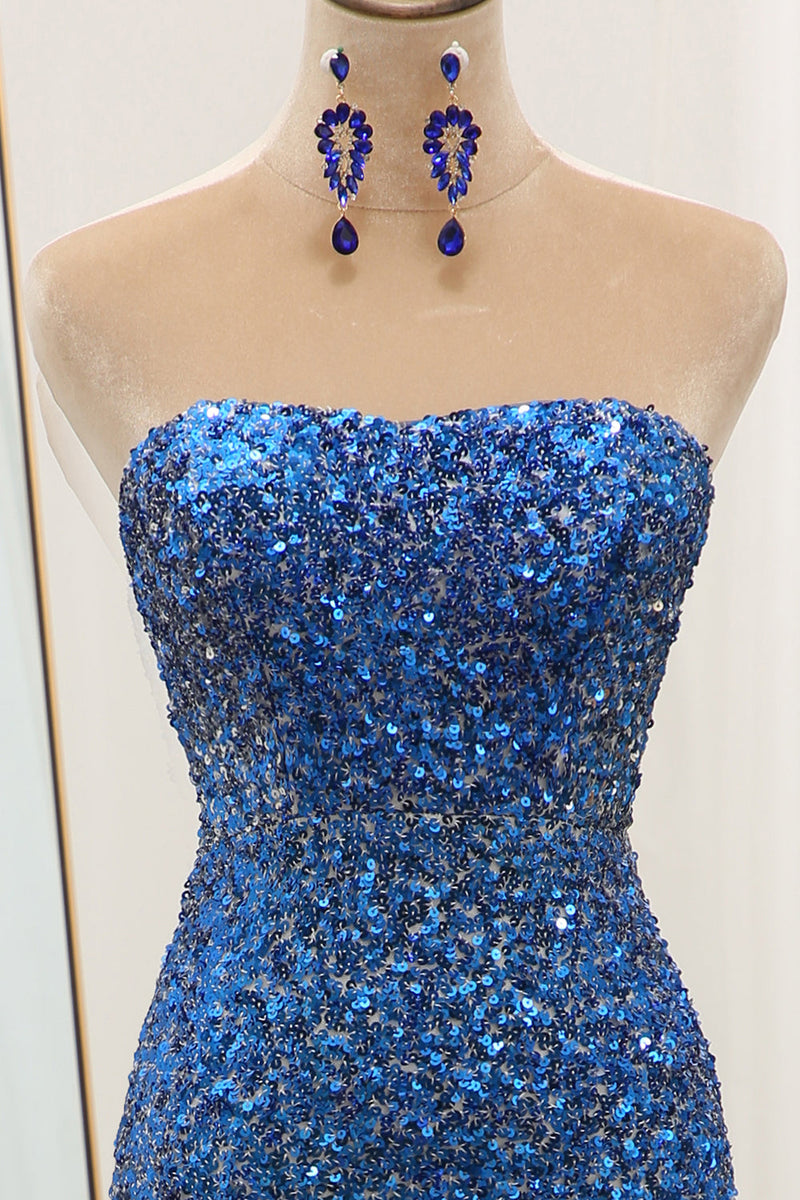 Load image into Gallery viewer, Sparkly Blue Sequined Mermaid Strapless Long Formal Dress