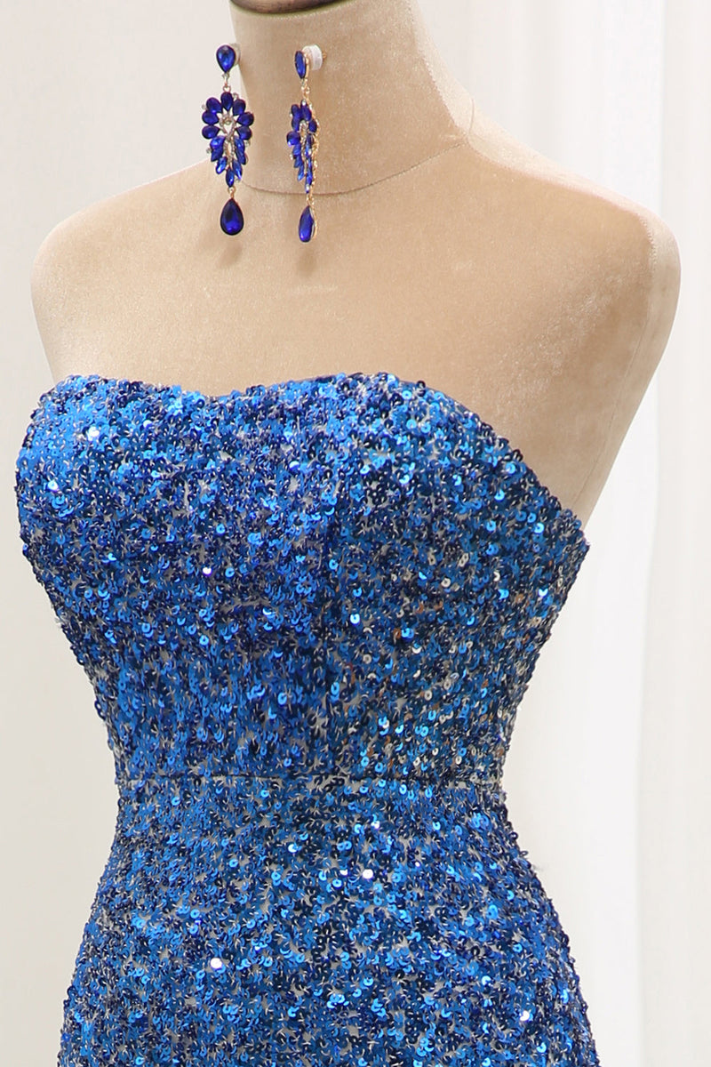 Load image into Gallery viewer, Sparkly Blue Sequined Mermaid Strapless Long Formal Dress