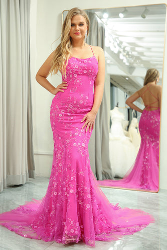 Fuchsia Mermaid Backless Long Formal Dress With Appliques