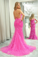 Load image into Gallery viewer, Fuchsia Mermaid Backless Long Formal Dress With Appliques
