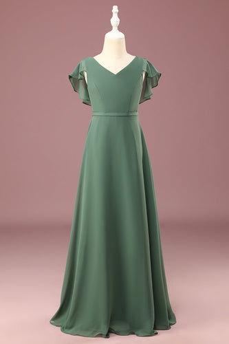 A-line Eucalyptus Chiffon Long Cap Sleeve Junior Bridesmaid Dress