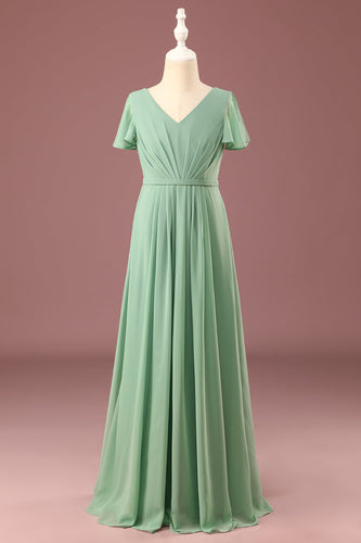 Long Matcha A-line Chiffon V-neck Short Sleeves Junior Bridesmaid Dress