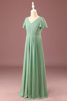 Load image into Gallery viewer, Long Matcha A-line Chiffon V-neck Short Sleeves Junior Bridesmaid Dress