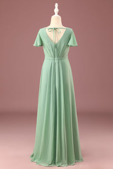 Long Matcha A-line Chiffon V-neck Short Sleeves Junior Bridesmaid Dress