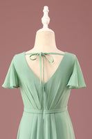 Load image into Gallery viewer, Long Matcha A-line Chiffon V-neck Short Sleeves Junior Bridesmaid Dress