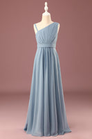Load image into Gallery viewer, Dusty Blue One Shoulder A-line Chiffon Pleated Floor Length Junior Bridesmaid Dress