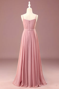 Dusty Rose A-line Chiffon Spaghetti Straps Long Pleated Junior Bridesmaid Dress