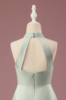 Load image into Gallery viewer, Matcha Satin A-line Halter Sleeveless Long Junior Bridesmaid Dress
