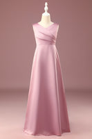 Load image into Gallery viewer, Dusty Rose Satin A-line Pleated V-neck Long Junior Bridesmaid Dress