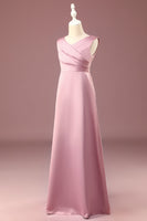 Load image into Gallery viewer, Dusty Rose Satin A-line Pleated V-neck Long Junior Bridesmaid Dress