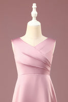 Load image into Gallery viewer, Dusty Rose Satin A-line Pleated V-neck Long Junior Bridesmaid Dress