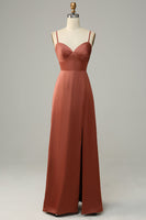 Load image into Gallery viewer, Brick Red Sheath Spaghetti Straps Satin Bridesmaid Dress With Slit