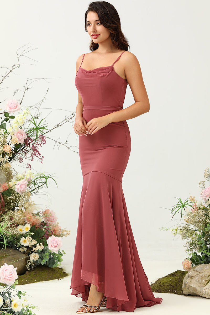 Load image into Gallery viewer, Desert Rose Spaghetti Straps Mermaid Open Back Bridesmaid Dress