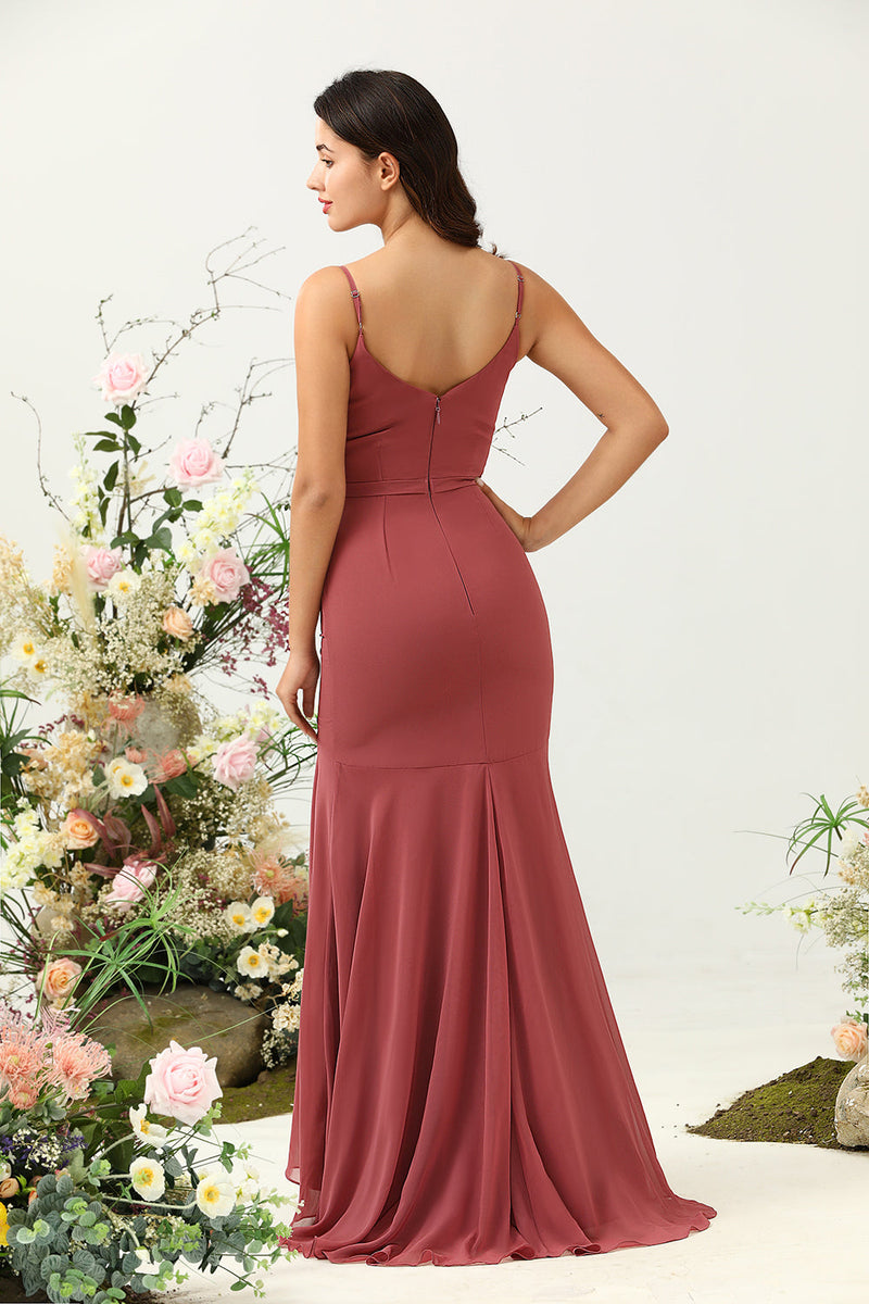 Load image into Gallery viewer, Desert Rose Spaghetti Straps Mermaid Open Back Bridesmaid Dress