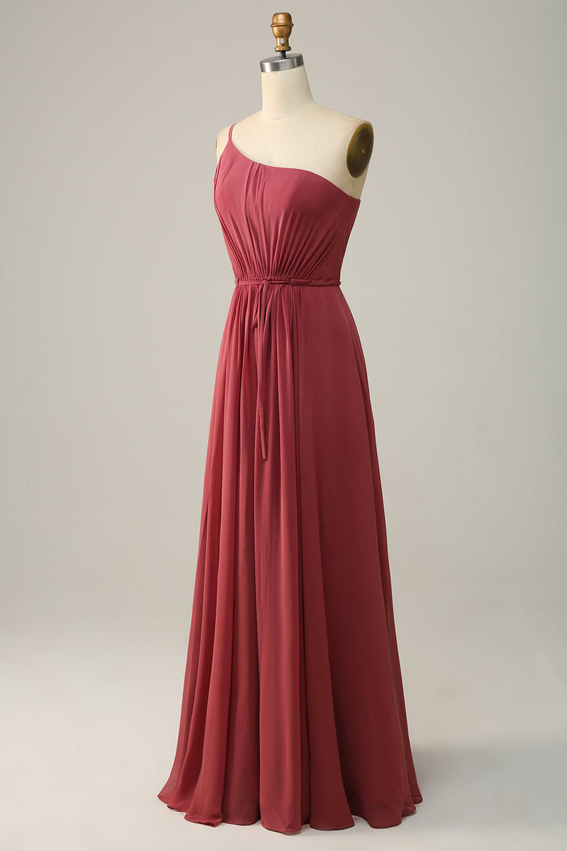 Load image into Gallery viewer, One Shoulder Desert Rose A Line Long Bridesmaid Dress