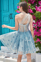 Load image into Gallery viewer, One Shoulder A Line Corset Short Formal Dress with Beading
