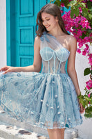Load image into Gallery viewer, One Shoulder A Line Corset Short Formal Dress with Beading