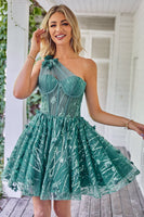 Load image into Gallery viewer, One Shoulder A Line Corset Short Formal Dress with Beading