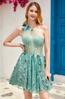 Load image into Gallery viewer, One Shoulder A Line Corset Short Formal Dress with Beading