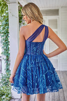 Load image into Gallery viewer, One Shoulder A Line Corset Short Formal Dress with Beading