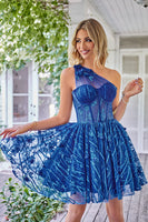 Load image into Gallery viewer, One Shoulder A Line Corset Short Formal Dress with Beading