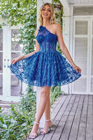 Load image into Gallery viewer, One Shoulder A Line Corset Short Formal Dress with Beading