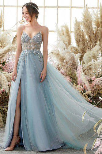 Tulle Light Blue Long Formal Dress with Beading