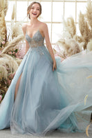 Load image into Gallery viewer, Tulle Light Blue Long Formal Dress with Beading