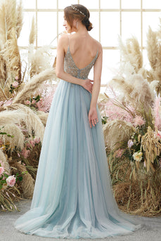 Tulle Light Blue Long Formal Dress with Beading