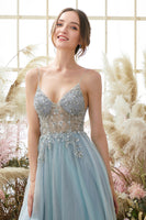 Load image into Gallery viewer, Tulle Light Blue Long Formal Dress with Beading