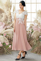 Load image into Gallery viewer, V Neck Short Sleeves Pink Mother of The Bride Dress with Appliques